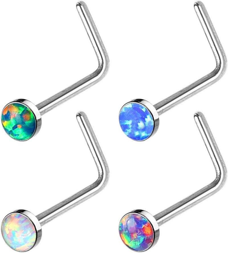 FifthCue 20G Synthetic Opal Set Flat Top PVD Over 316L Surgical Steel L bend Stud Nose Rings - Image 1